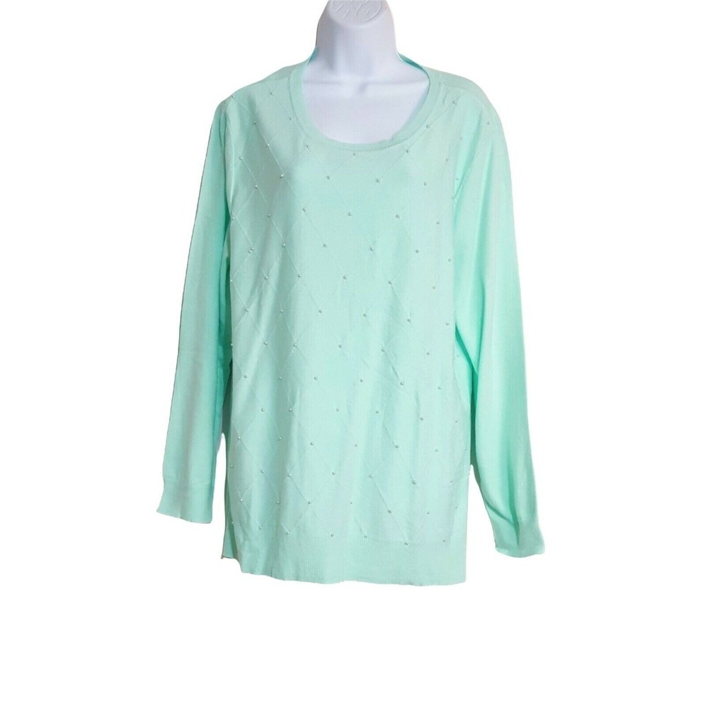 Womens Pull Over Sweater XXL Long Sleeve Beaded Mint Green Crew Neck